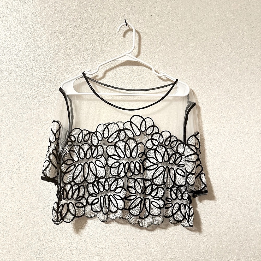 Floral Rope Black and White Sheer Top